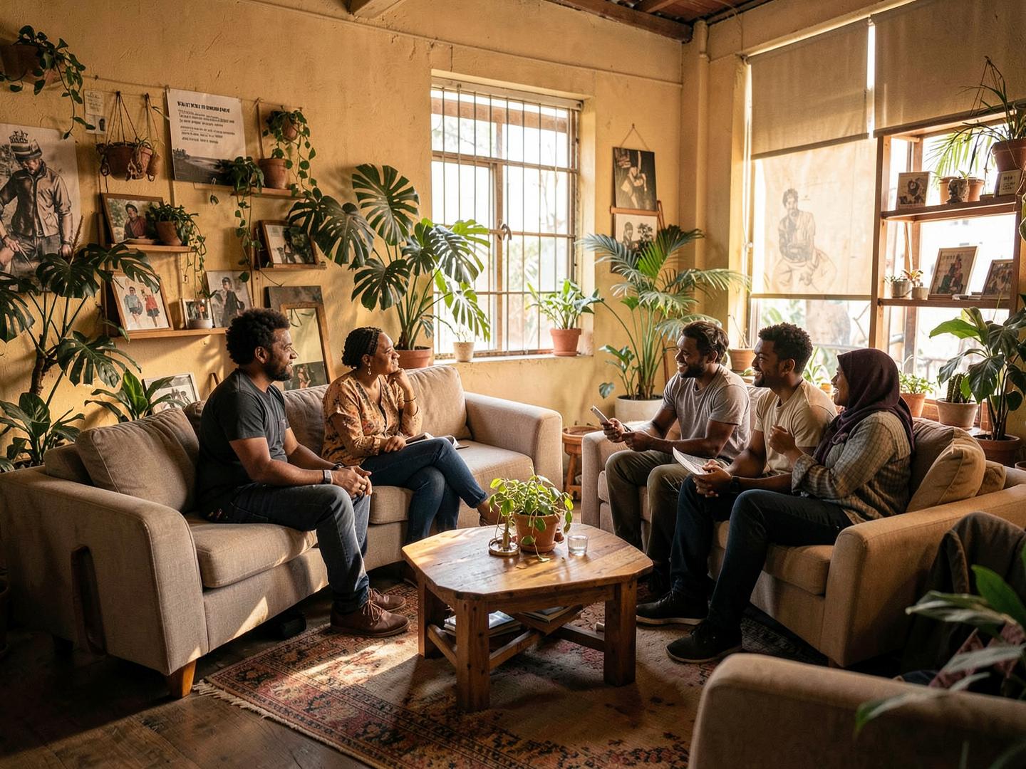 Members in relaxed conversation in the lounge at The Cubicle